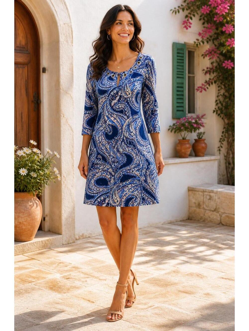 Blue Paisley Dress Womens L New Directions Stretch Knit Shift 3/4 Sleeve